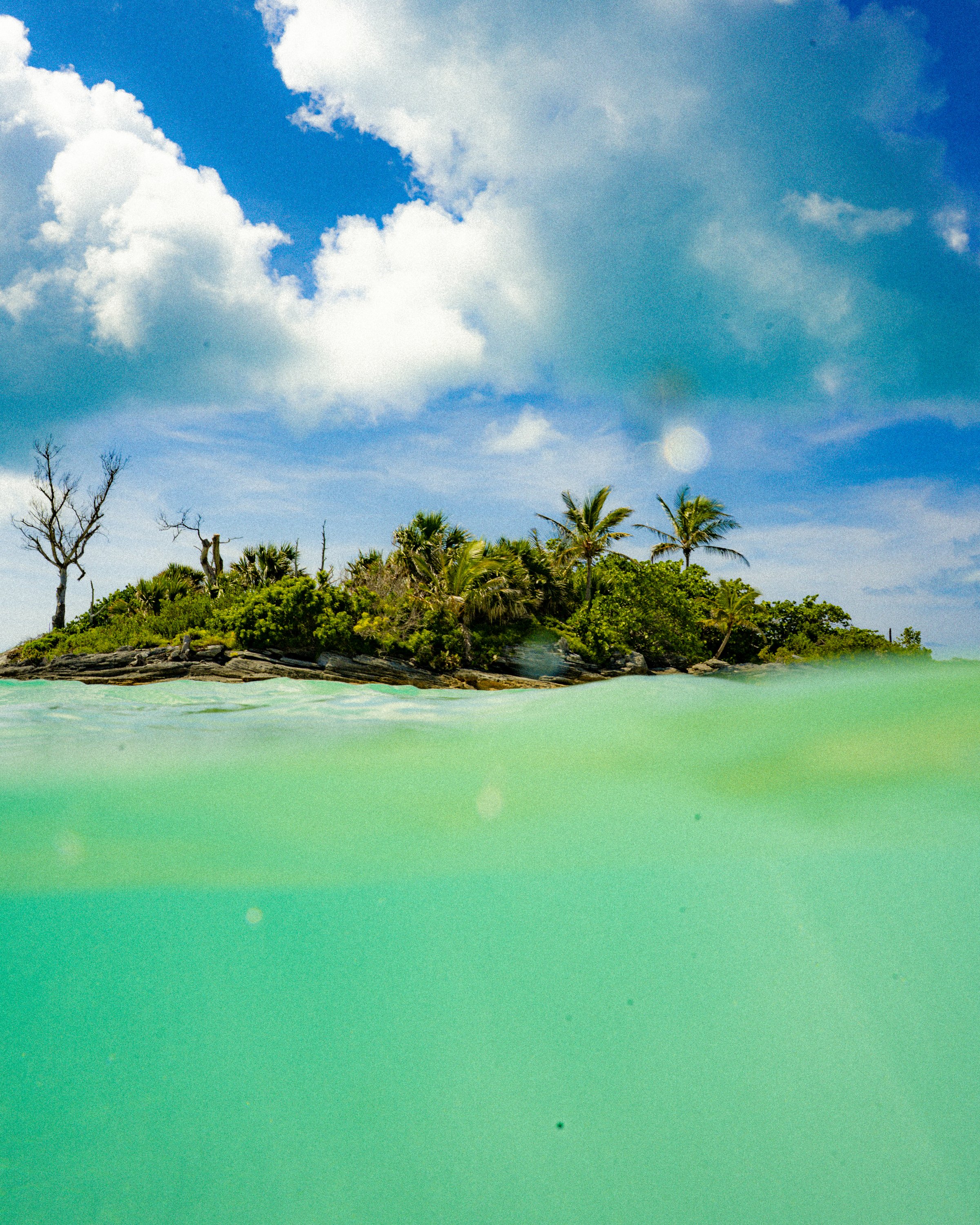 Half-underwater split shot of tropical island with turquoise water